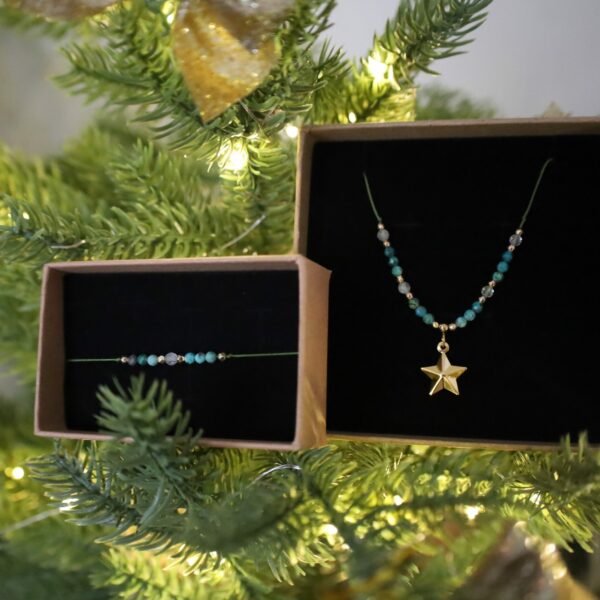 Zestaw - naszyjnik i bransoletka na sznurku - chryzokola, cytryn i hematyt