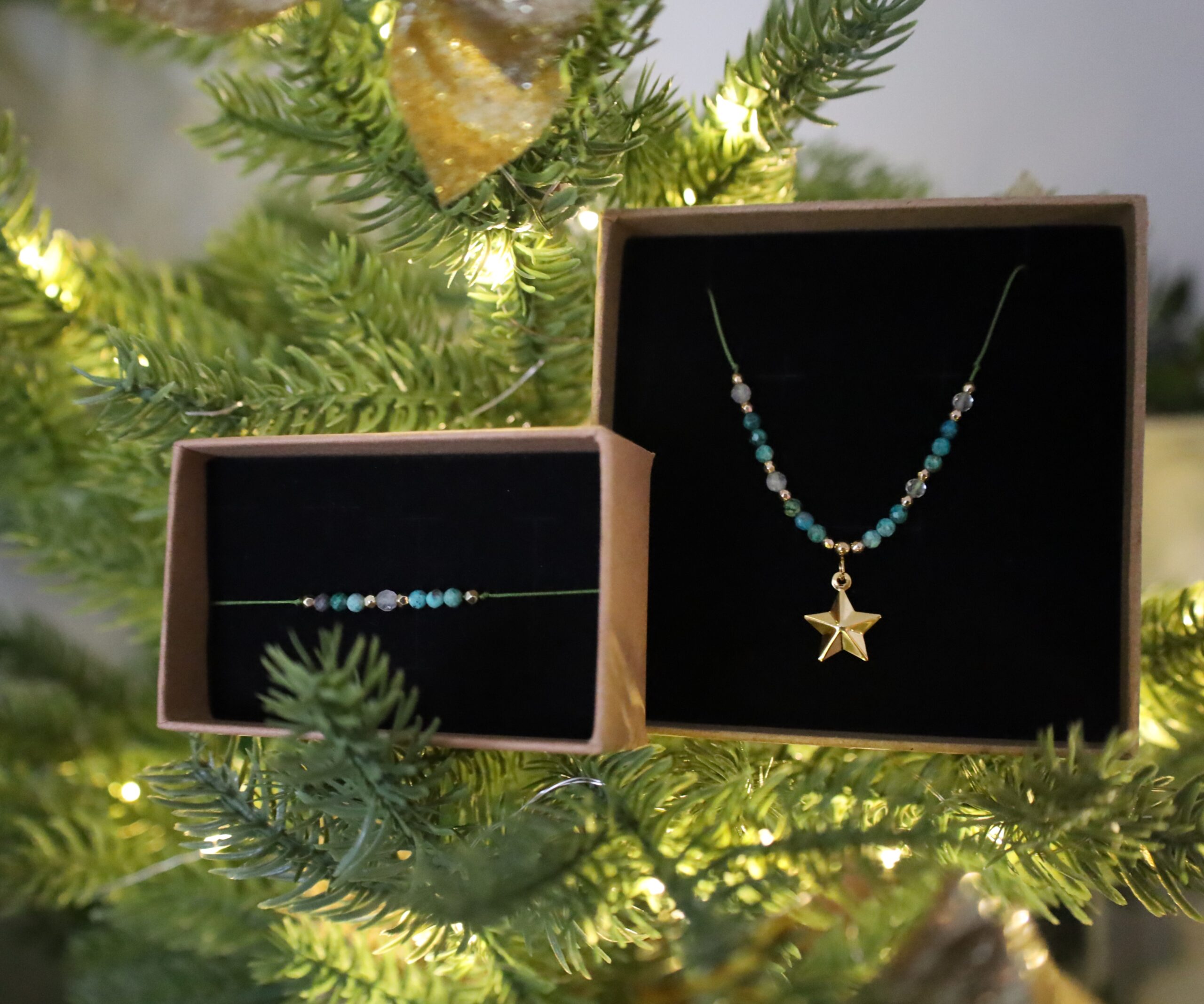 Zestaw - naszyjnik i bransoletka na sznurku - chryzokola, cytryn i hematyt