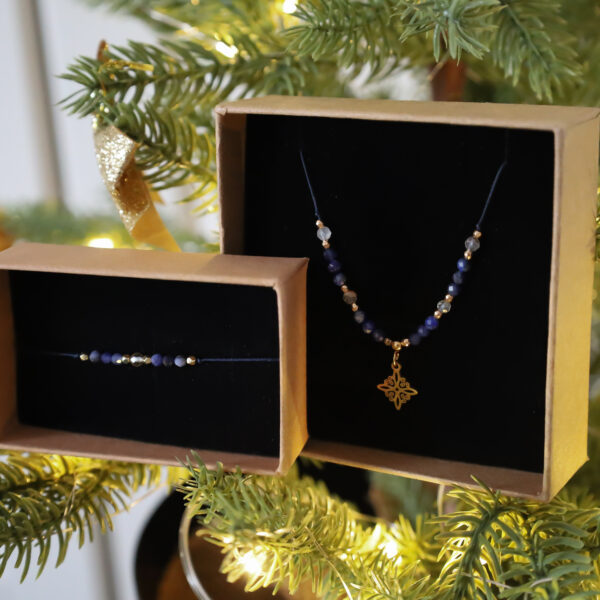 Zestaw – naszyjnik i bransoletka na sznurku – sodalit, cytryn i hematyt