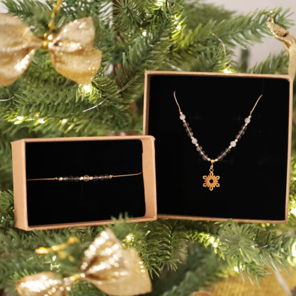 Zestaw – naszyjnik i bransoletka na sznurku – kwarc dymny, cytryn i hematyt