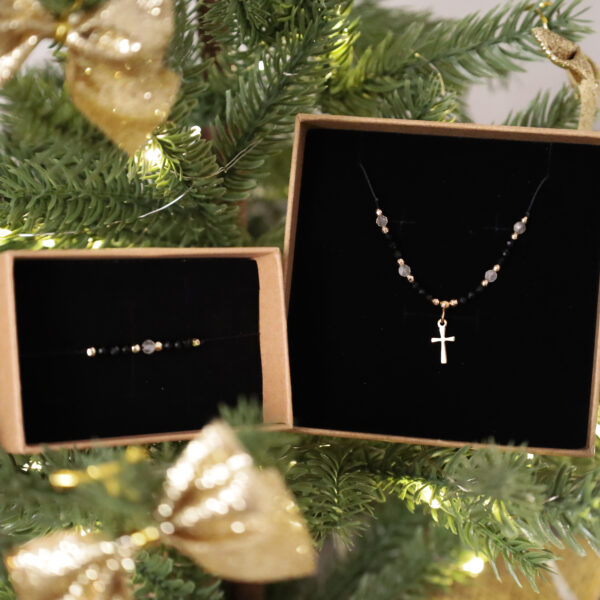 Zestaw – naszyjnik i bransoletka na sznurku – turmalin, cytryn i hematyt