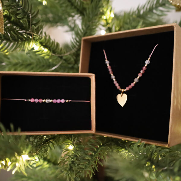 Zestaw – naszyjnik i bransoletka na sznurku – turmalin różowy, cytryn i hematyt